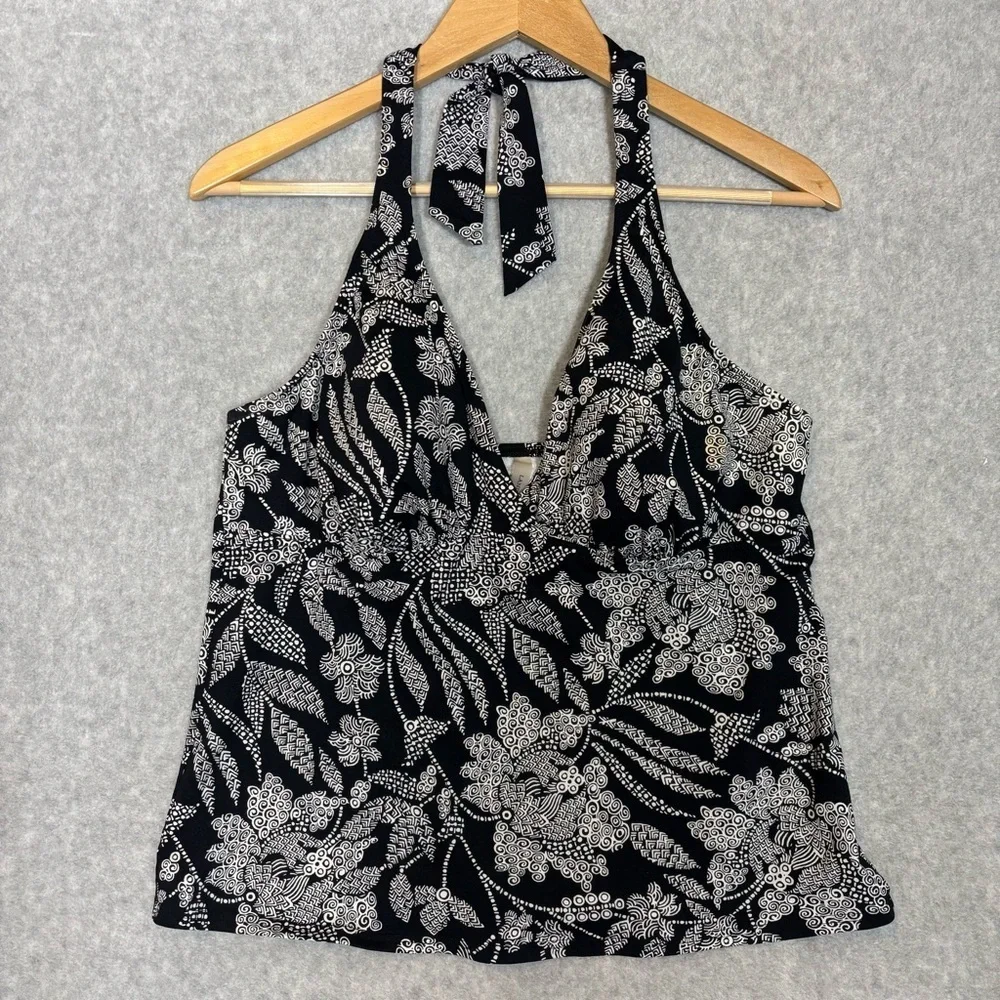 Lands' End Halter Neck Floral Swim Tankini Top-Black/White-Women Size 12